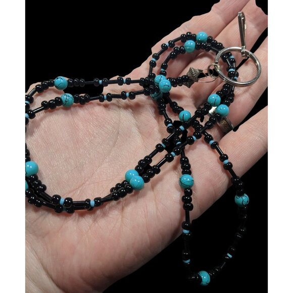 Black And Faux Turquoise Glass Beaded Lanyard - Picture 5 of 5